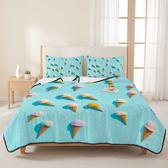 3 Piece Summer Bed Quilt Set King Size,Summer Sweet Dessert on Mint Green Lightweight Bedspread Coverlet with 2 Pillowcases Seamless Icy Cream Soft Comforter Bedding Quilts for All Season
