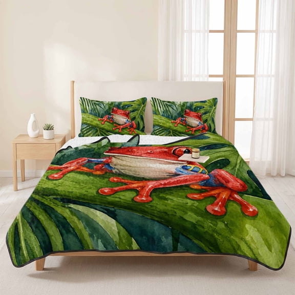 3 Piece Summer Bed Quilt Set King Size,Summer Tropical Red Frog Pattern Lightweight Bedspread Coverlet with 2 Pillowcases Monstera Leaf Soft Comforter Bedding Quilts for All Season