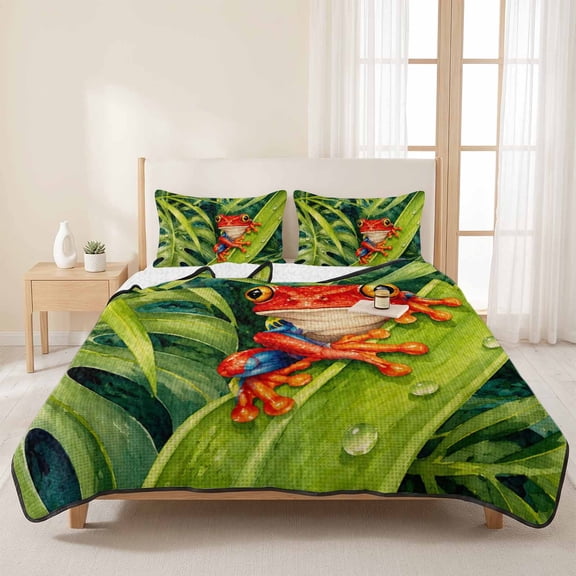 3 Piece Summer Bed Quilt Set King Size,Summer Wildlife Red Frog Pattern Lightweight Bedspread Coverlet with 2 Pillowcases Tropical Palm Leaf Soft Comforter Bedding Quilts for All Season