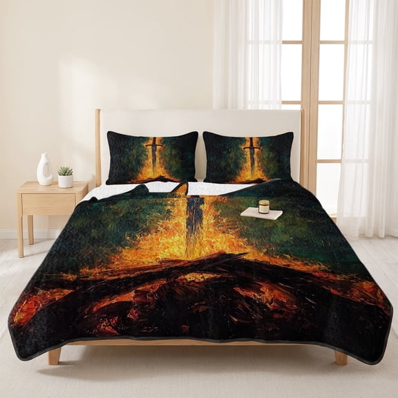 3 Piece Summer Bed Quilt Set King Size,Sword in Fire Lightweight Bedspread Coverlet with 2 Pillowcases Burning Wood Art Soft Comforter Bedding Quilts for All Season