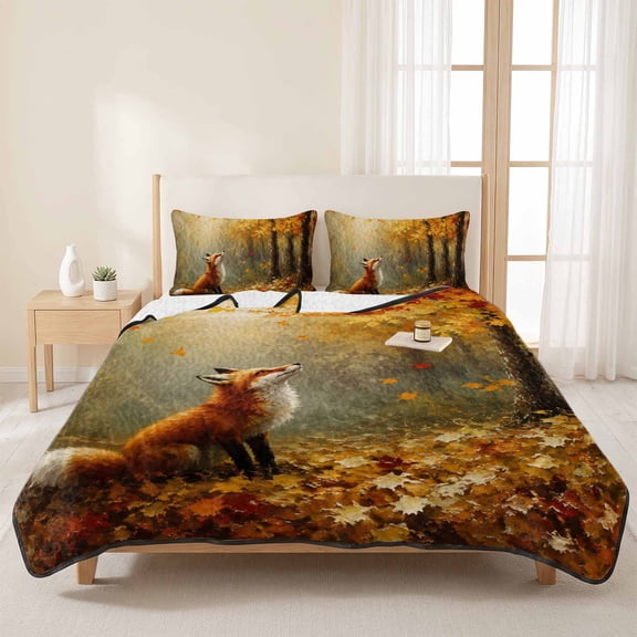 3 Piece Summer Bed Quilt Set King Size,Thanksgiving Autumn Maple Leaves Lightweight Bedspread Coverlet with 2 Pillowcases Fall Sitting Fox Soft Comforter Bedding Quilts for All Season