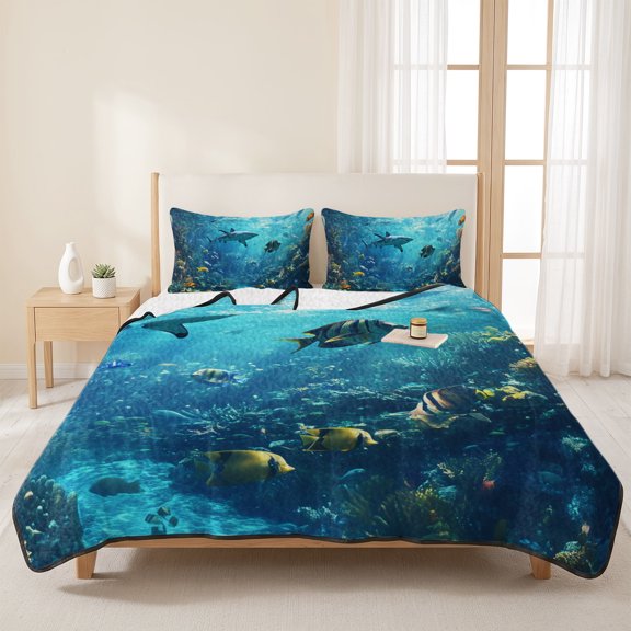 3 Piece Summer Bed Quilt Set King Size,Underwater World Ocean Shark Fish Lightweight Bedspread Coverlet with 2 Pillowcases Coral Seaweed Marine Life Soft Comforter Bedding Quilts for All Season