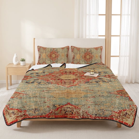 3 Piece Summer Bed Quilt Set King Size,Vintage Bohemian Pattern Lightweight Bedspread Coverlet with 2 Pillowcases Abstract Turkish Tattoos Soft Comforter Bedding Quilts for All Season