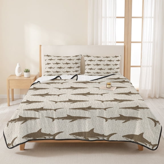 3 Piece Summer Bed Quilt Set King Size,Vintage Brown Shark on Woven Texture Lightweight Bedspread Coverlet with 2 Pillowcases Marine Life Soft Comforter Bedding Quilts for All Season