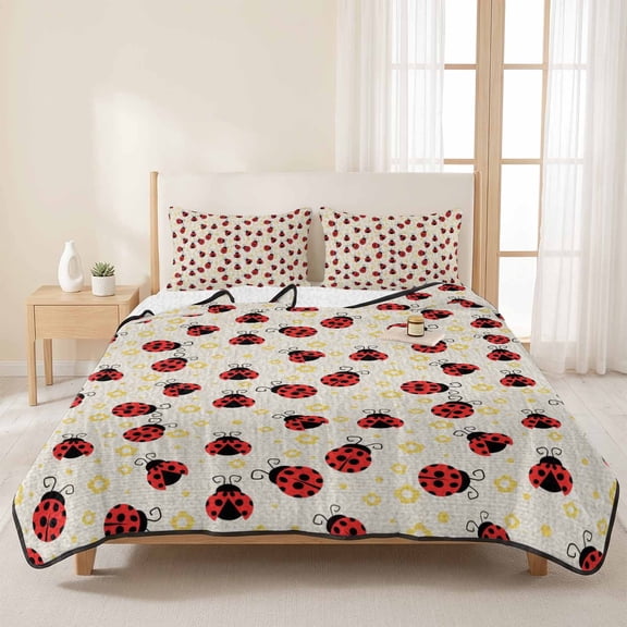3 Piece Summer Bed Quilt Set King Size,Watercolor Ladybug on Burlap Lightweight Bedspread Coverlet with 2 Pillowcases Spring Daisy Flower Insects Soft Comforter Bedding Quilts for All Season