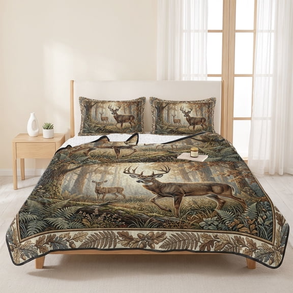 3 Piece Summer Bed Quilt Set King Size,Wild Elk Deer Natural Forest Scene Lightweight Bedspread Coverlet with 2 Pillowcases Botanical Leaves Trees Soft Comforter Bedding Quilts for All Season