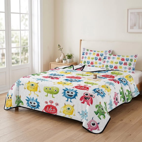 3 Piece Summer Bed Quilt Set Queen Size,Abstract Cartoon Monsters Lightweight Bedspread Coverlet with 2 Pillowcases Seamless Colorful Cute Alien Soft Comforter Bedding Quilts for All Season