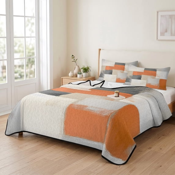 3 Piece Summer Bed Quilt Set Queen Size,Abstract Orange Grey Color ...