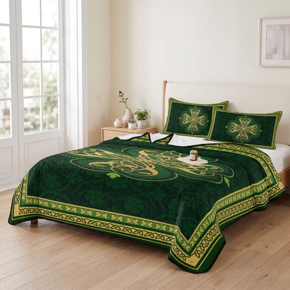 3 Piece Summer Bed Quilt Set Queen Size,Abstract Shamrock Celtic Knot Lightweight Bedspread Coverlet with 2 Pillowcases St. Patrick's Day Green Theme Soft Comforter Bedding Quilts for All Season
