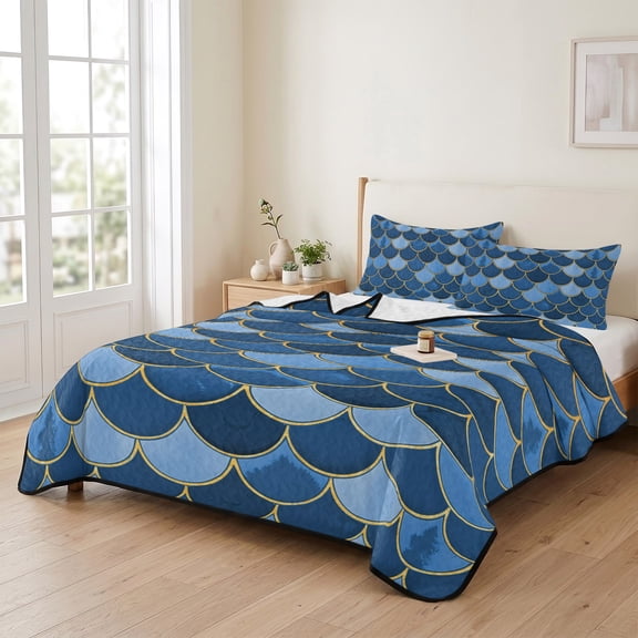 3 Piece Summer Bed Quilt Set Queen Size,Blue Gradient Texture Lightweight Bedspread Coverlet with 2 Pillowcases Abstract Fish Scales Soft Comforter Bedding Quilts for All Season
