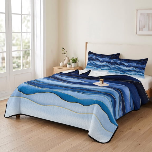 3 Piece Summer Bed Quilt Set Queen Size,Blue Ripple Abstract Geometric Lightweight Bedspread Coverlet with 2 Pillowcases Watercolor Gradient Water Waves Soft Comforter Bedding Quilts for All Season