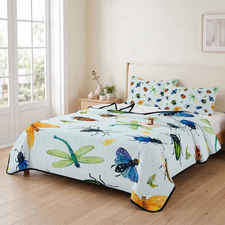 ベッド・マット・カバー ladybird 3 Piece Summer Bed Quilt Set Queen Size,Butterfly Dragonfly