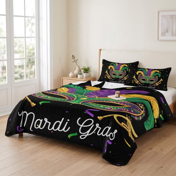 3 Piece Summer Bed Quilt Set Queen Size,Carnival Mask Feather Trumpet Lightweight Bedspread Coverlet with 2 Pillowcases Celebration Ribbon on Black Soft Comforter Bedding Quilts for All Season