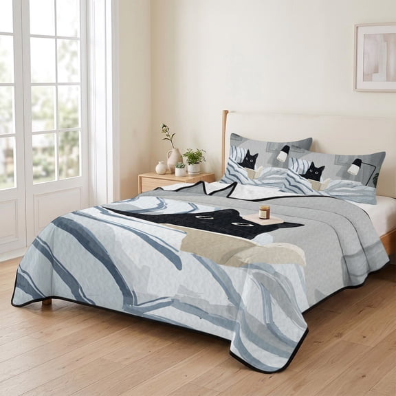 3 Piece Summer Bed Quilt Set Queen Size,Cartoon Reading Black Cat Lightweight Bedspread Coverlet with 2 Pillowcases Kitty in Striped Blanket Soft Comforter Bedding Quilts for All Season