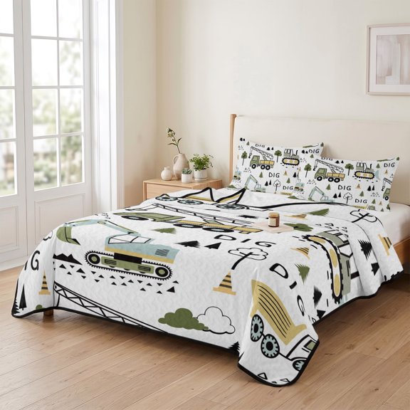 3 Piece Summer Bed Quilt Set Queen Size,Cartoon Tractor Digger Shovel Lightweight Bedspread Coverlet with 2 Pillowcases Cute Truck Car Themed Soft Comforter Bedding Quilts for All Season