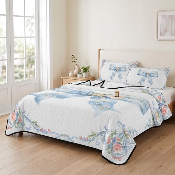 3 Piece Summer Bed Quilt Set Queen Size,Coastal Christmas Blue Bow ...