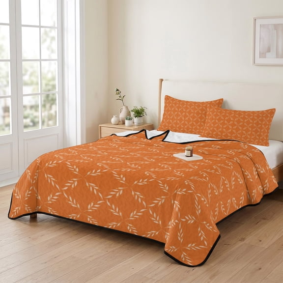 3 Piece Summer Bed Quilt Set Queen Size,Country Diamond Leaf Lightweight Bedspread Coverlet with 2 Pillowcases Geometric Style Orange Theme Soft Comforter Bedding Quilts for All Season