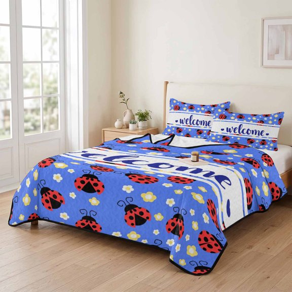 3 Piece Summer Bed Quilt Set Queen Size,Farm Ladybug Daisy Floral on Blue Lightweight Bedspread Coverlet with 2 Pillowcases Spring Rustic Flower Welcome Soft Comforter Bedding Quilts for All Season