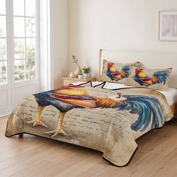 3 Piece Summer Bed Quilt Set Queen Size,Farm Rooster Vintage Letter ...