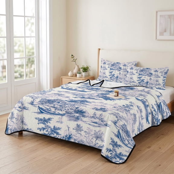 3 Piece Summer Bed Quilt Set Queen Size,Garden House Boat Chinese Style Lightweight Bedspread Coverlet with 2 Pillowcases Chinoiserie Classic Style Soft Comforter Bedding Quilts for All Season