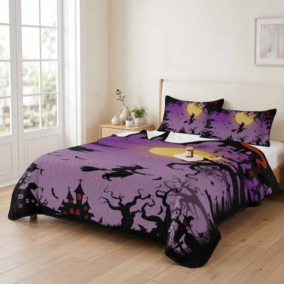 3 Piece Summer Bed Quilt Set Queen Size,Halloween Witch Purple Night Moon Lightweight Bedspread Coverlet with 2 Pillowcases Dead Trees Haunted House Soft Comforter Bedding Quilts for All Season