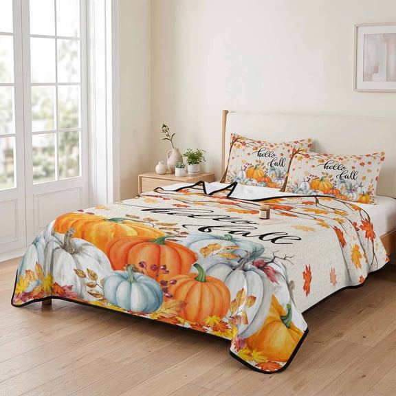 3 Piece Summer Bed Quilt Set Queen Size,Hello Fall Orange Maple Leaf Tree Lightweight Bedspread Coverlet with 2 Pillowcases Thanksgiving Pumpkin Vintage Linen Soft Bedding Quilts for All Season