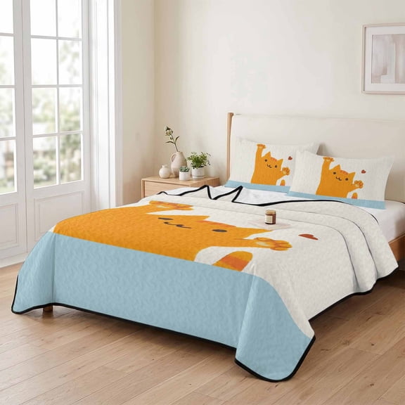 3 Piece Summer Bed Quilt Set Queen Size,Japanese Cute Cats Lightweight Bedspread Coverlet with 2 Pillowcases Orange Kitty Blue Striped Soft Comforter Bedding Quilts for All Season