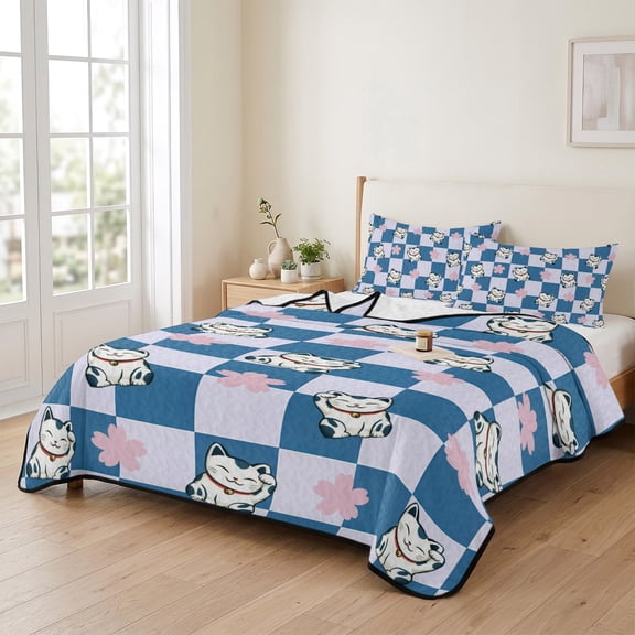 3 Piece Summer Bed Quilt Set Queen Size,Japanese Cute Kitty Lightweight Bedspread Coverlet with 2 Pillowcases Lucky Cat on Blue Plaid Soft Comforter Bedding Quilts for All Season