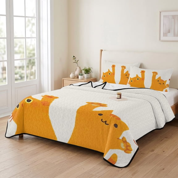 3 Piece Summer Bed Quilt Set Queen Size,Japanese Lovely Cats Lightweight Bedspread Coverlet with 2 Pillowcases Orange And Winds Kitty Soft Comforter Bedding Quilts for All Season