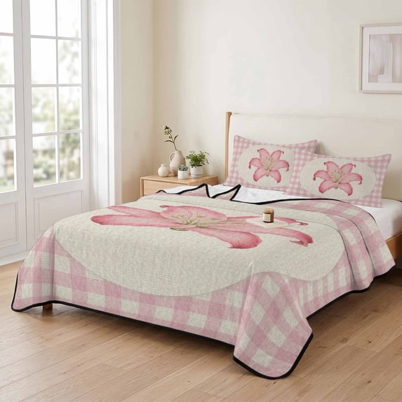 Pink Place Setting 3 Piece Summer Bed Quilt Set Queen Size,Lily Flower Pink Check ...