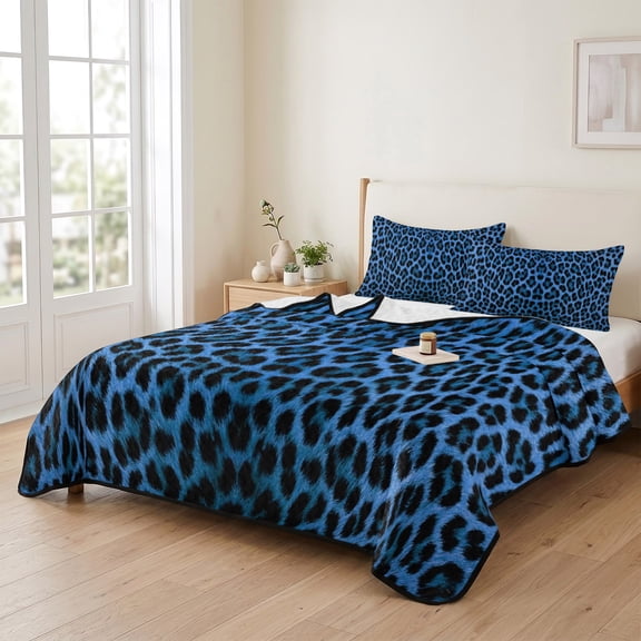 3 Piece Summer Bed Quilt Set Queen Size,Modern Animal Print Texture Lightweight Bedspread Coverlet with 2 Pillowcases Blue Leopard Pattern Soft Comforter Bedding Quilts for All Season