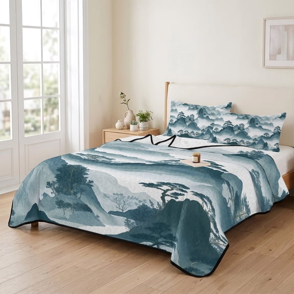 3 Piece Summer Bed Quilt Set Queen Size,Mountain Garden Chinese Style Lightweight Bedspread Coverlet with 2 Pillowcases Chinoiserie Asian Scenic Soft Comforter Bedding Quilts for All Season