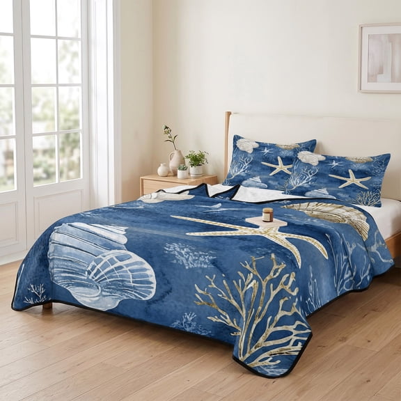 3 Piece Summer Bed Quilt Set Queen Size,Ocean Starfish Seashell Waves Coral Lightweight Bedspread Coverlet with 2 Pillowcases Navy Blue Soft Comforter Bedding Quilts for All Season