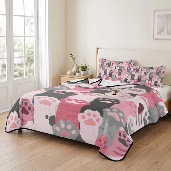 3 Piece Summer Bed Quilt Set Queen Size,Pink Black Vertical Cat Paws Lightweight Bedspread Coverlet with 2 Pillowcases Cartoon Cute Kitty Pattern Soft Comforter Bedding Quilts for All Season