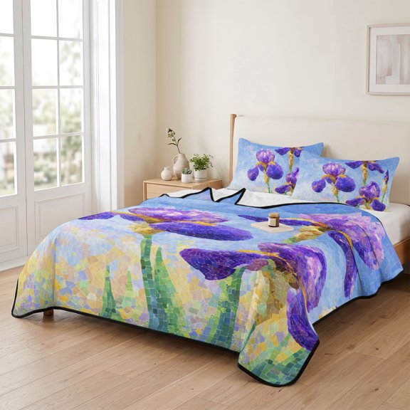 3 Piece Summer Bed Quilt Set Queen Size,Purple Iris Flowers Lightweight Bedspread Coverlet with 2 Pillowcases Impressionist Oil Brushstrokes Floral Soft Comforter Bedding Quilts for All Season