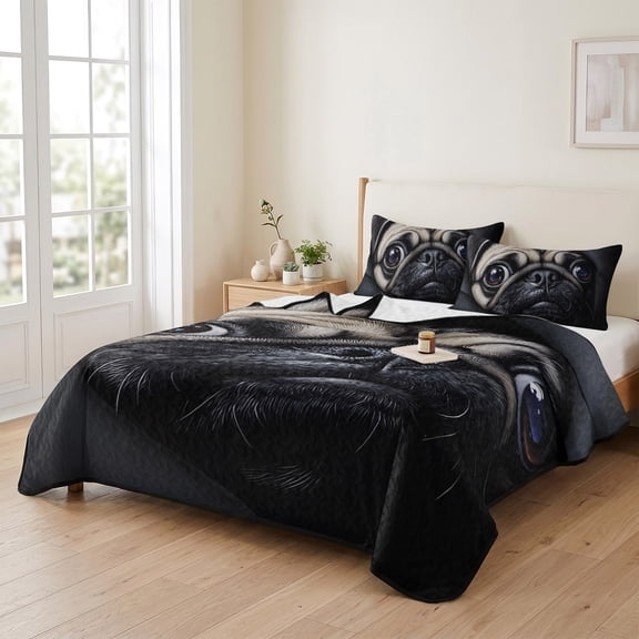 3 Piece Summer Bed Quilt Set Queen Size,Realistic Pug Dog Pattern Lightweight Bedspread Coverlet with 2 Pillowcases Dark Background Soft Comforter Bedding Quilts for All Season