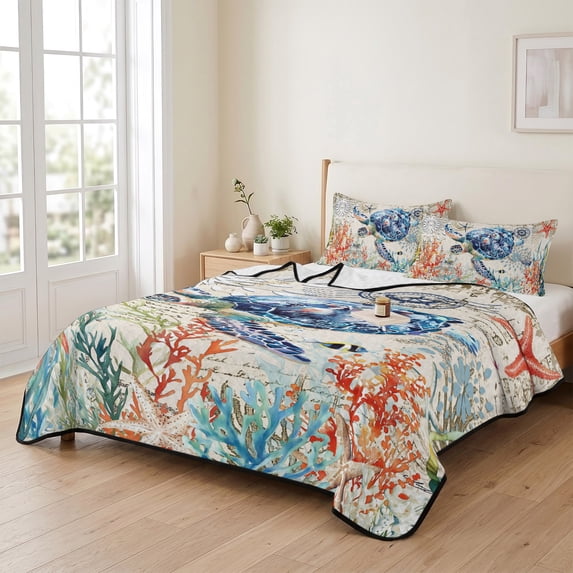3 Piece Summer Bed Quilt Set Queen Size,Sea Turtle Colorful Coral ...