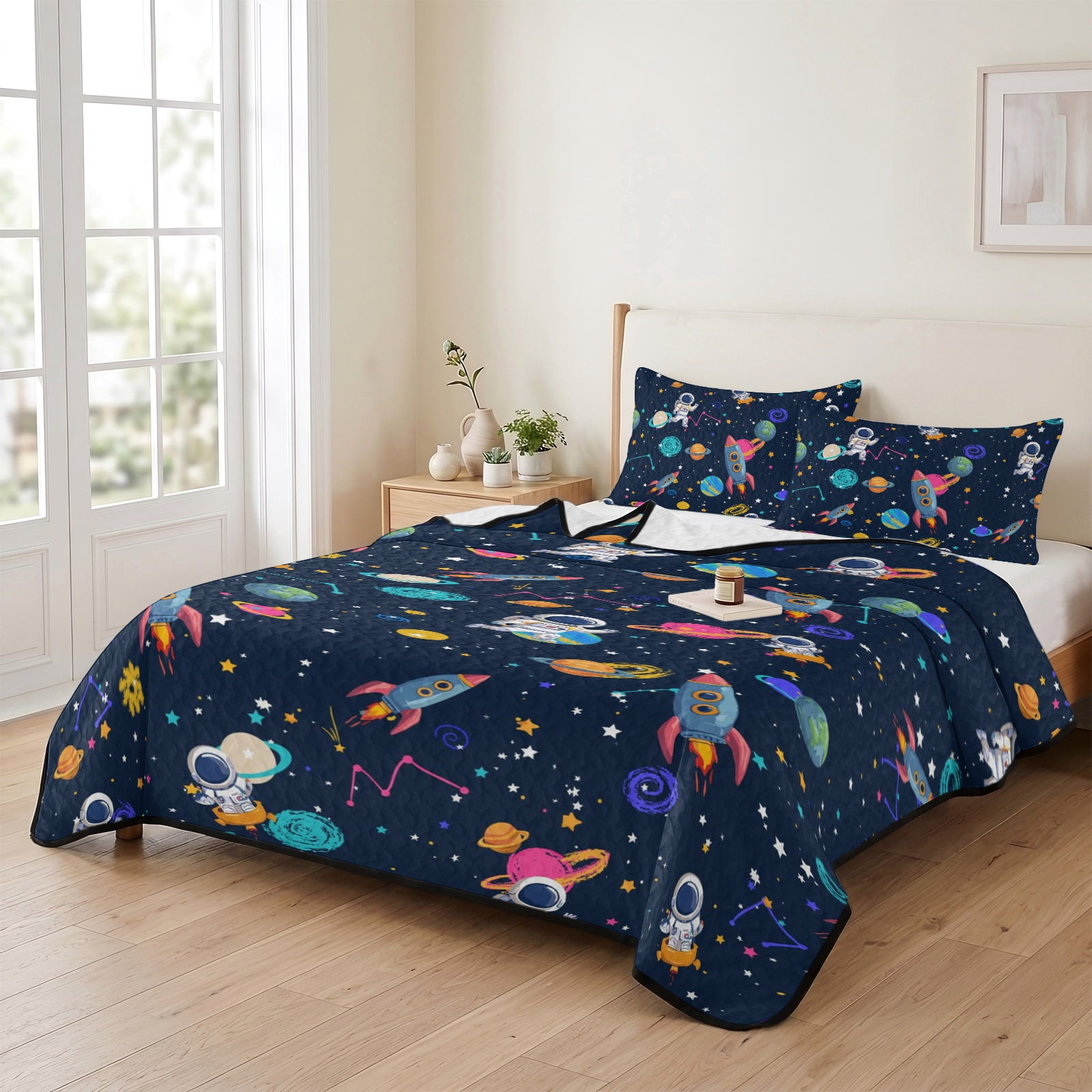 3 Piece Summer Bed Quilt Set Queen Size,Space Planet Cartoon Rocket ...