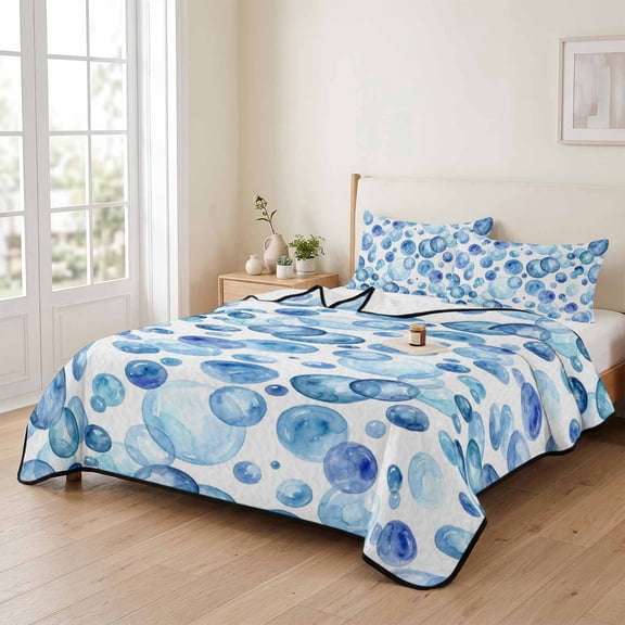 3 Piece Summer Bed Quilt Set Queen Size,Summer Oceans Blue Bubbles Lightweight Bedspread Coverlet with 2 Pillowcases Abstract Geometric Circle Soft Comforter Bedding Quilts for All Season