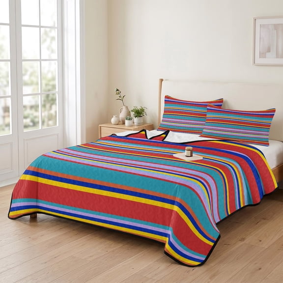 3 Piece Summer Bed Quilt Set Queen Size,Traditional Mexico Colorful Stripes Lightweight Bedspread Coverlet with 2 Pillowcases Modern Lines Art Soft Comforter Bedding Quilts for All Season
