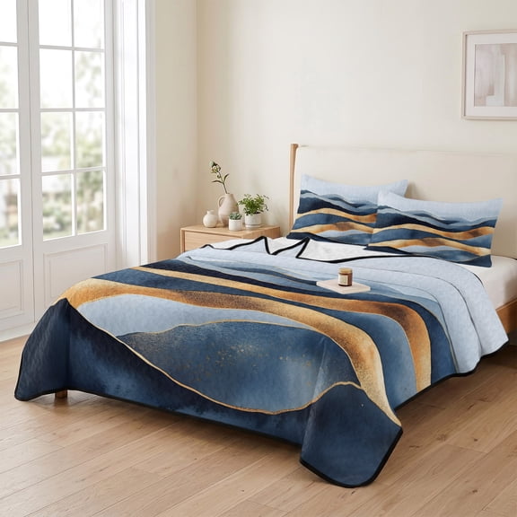 3 Piece Summer Bed Quilt Set Queen Size,Vintage Dark Blue Brown Waves Lightweight Bedspread Coverlet with 2 Pillowcases Abstract Shape Soft Comforter Bedding Quilts for All Season