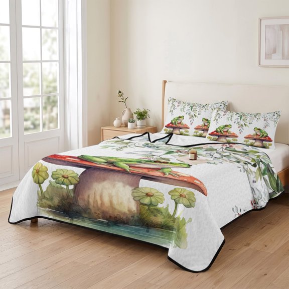 3 Piece Summer Bed Quilt Set Queen Size,Watercolor Frog on Mushroom Lightweight Bedspread Coverlet with 2 Pillowcases Eucalyptus Leaf Floral on White Soft Comforter Bedding Quilts for All Season