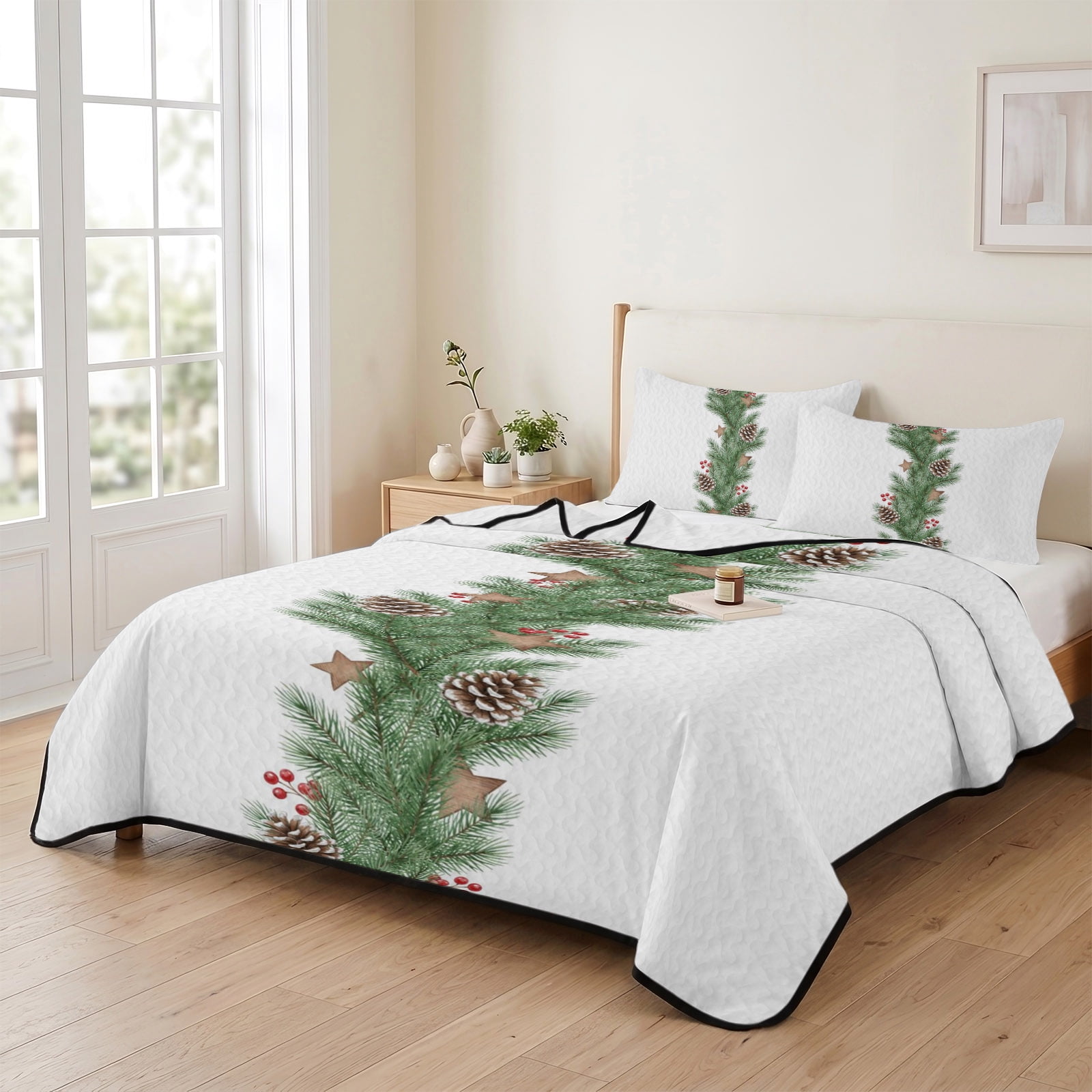 3 Piece Summer Bed Quilt Set Queen Size,Winter Pine Cone Fir Sprig ...
