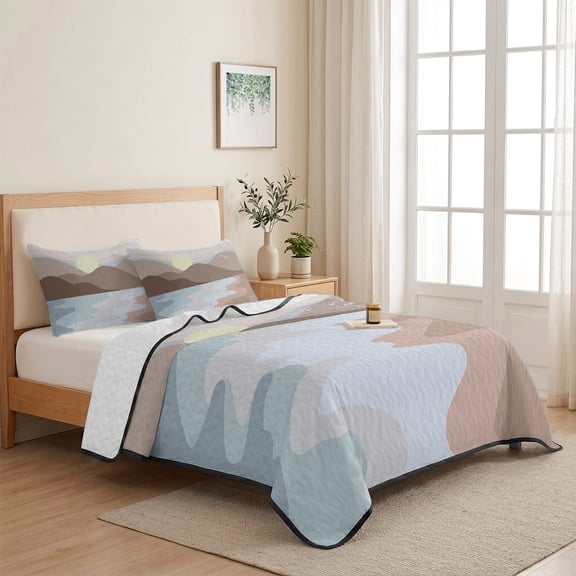3 Piece Summer Bed Quilt Set Twin XL Size,Abstract Nature Scene Art Lightweight Bedspread Coverlet with 2 Pillowcases Ocean Sea Wave Mountain and Sunset Soft Comforter Bedding Quilts for All Season