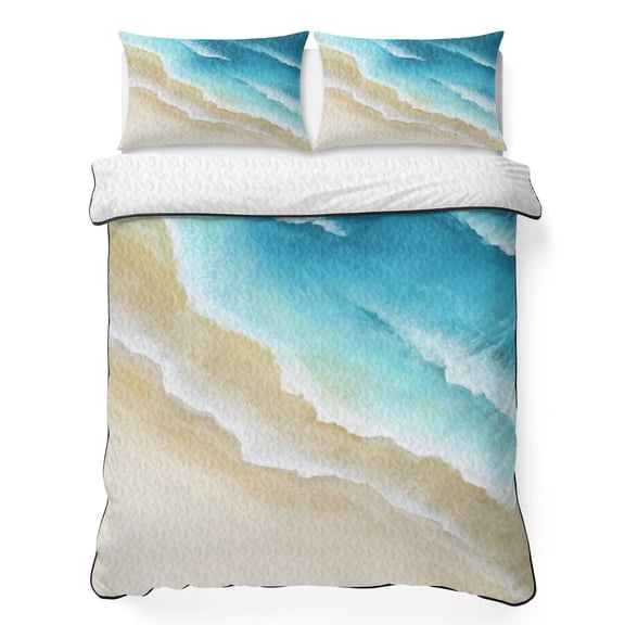 3 Piece Summer Bed Quilt Set Twin XL Size,Blue Oceans Waves Lightweight Bedspread Coverlet with 2 Pillowcases Summer Brown Sandy Beaches Soft Comforter Bedding Quilts for All Season