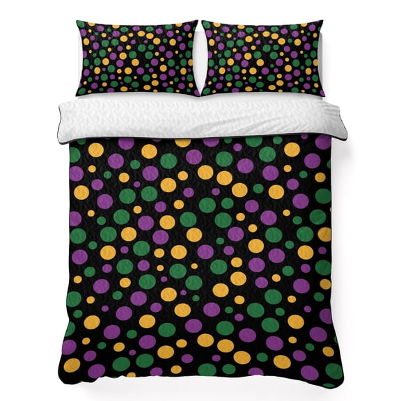 3 Piece Summer Bed Quilt Set Twin XL Size,Carnival Colorful Polka Dots Lightweight Bedspread Coverlet with 2 Pillowcases Green Purple Yellow Dot on Black Soft Comforter Bedding Quilts for All Season