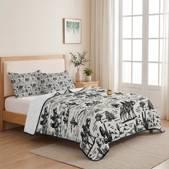 3 Piece Summer Bed Quilt Set Twin XL Size,Western Cowboys Abstract Cactus Lightweight Bedspread Coverlet with 2 Pillowcases Desert Theme Vintage Soft Comforter Bedding Quilts for All Season