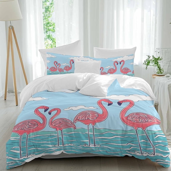 3 Piece Summer Cute Flamingo Duvet Cover Set Full Size, Microfiber Comforter/Quilt Cover with Corner Ties and 2 Pillowcases, Cartoon Animal Cloud Blue Sky All Season Soft Bedding with Zipper Closure