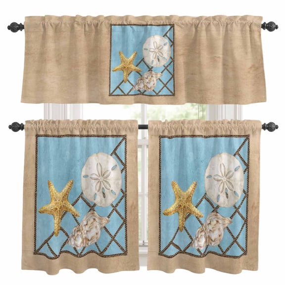 3 Piece Summer Marine Life Kitchen Curtain Valance and Tiers Set Coastal Starfish Ocean Conch Rope Border Rod Pocket Tier Curtain 24 Inch Small Window Drapes for Living Room Bedroom Cafe Home Decor