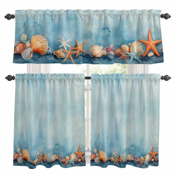 3 Piece Summer Ocean Kitchen Curtain Valance and Tiers Set Watercolor Starfish Shell Linen Texture Rod Pocket Tier Curtain 24 Inch Small Window Drapes for Living Room Bedroom Cafe Home Decor
